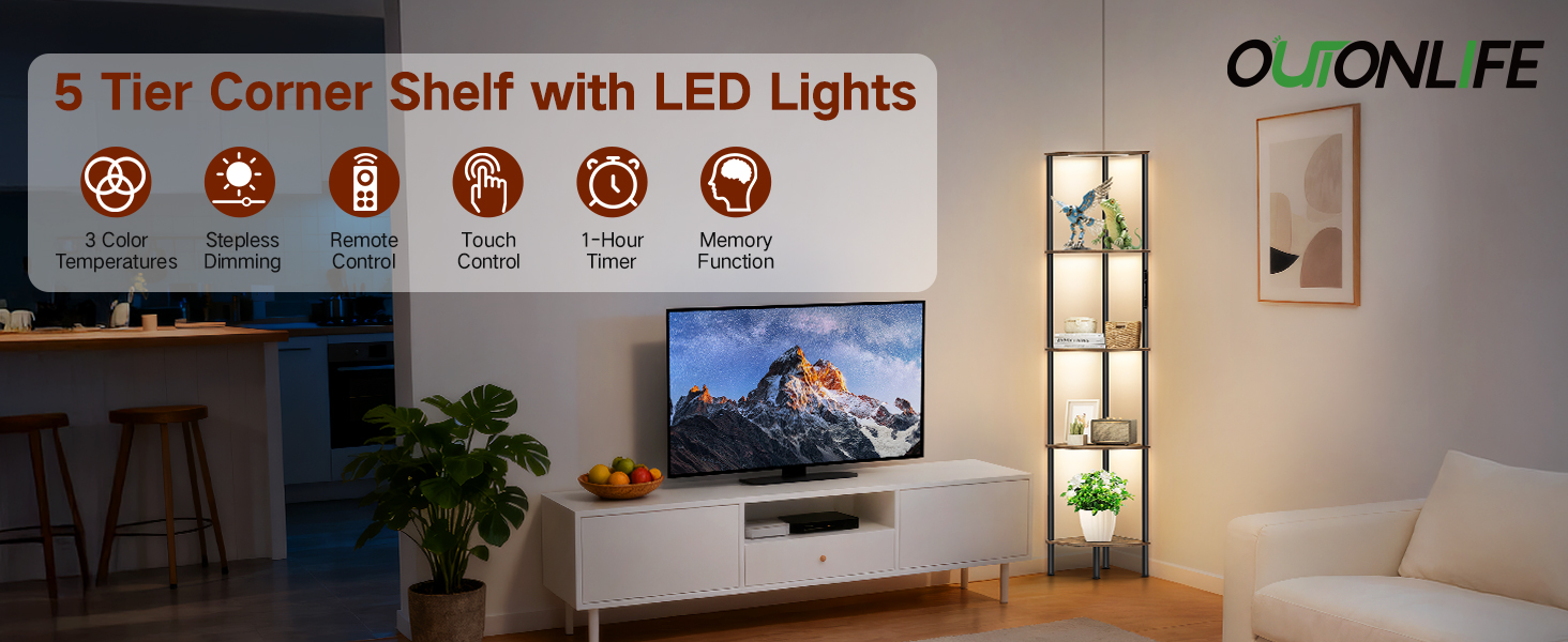 Стійка лампа OUTONLIFE з полицями, LED, 3 режими, регулювання яскравості, пульт, 5 ярусів, для вітальні, спальні, офісу, колір: Rustic Brown