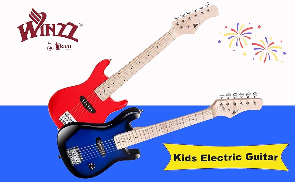 Електрогітара Winzz 30 дюймів для дітей, комплект для початківців з підсилювачем, кленова накладка, блакитна