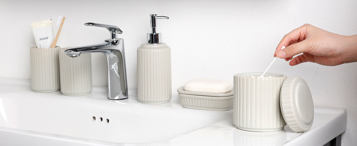 Набір для ванної кімнати NOVAJOY, кераміка, 5 предметів: мильниця, дозатор мила, тримач для зубних щіток, контейнер для ватних паличок, декор для ванної кімнати преміум-якість (абрикосовий сірий)