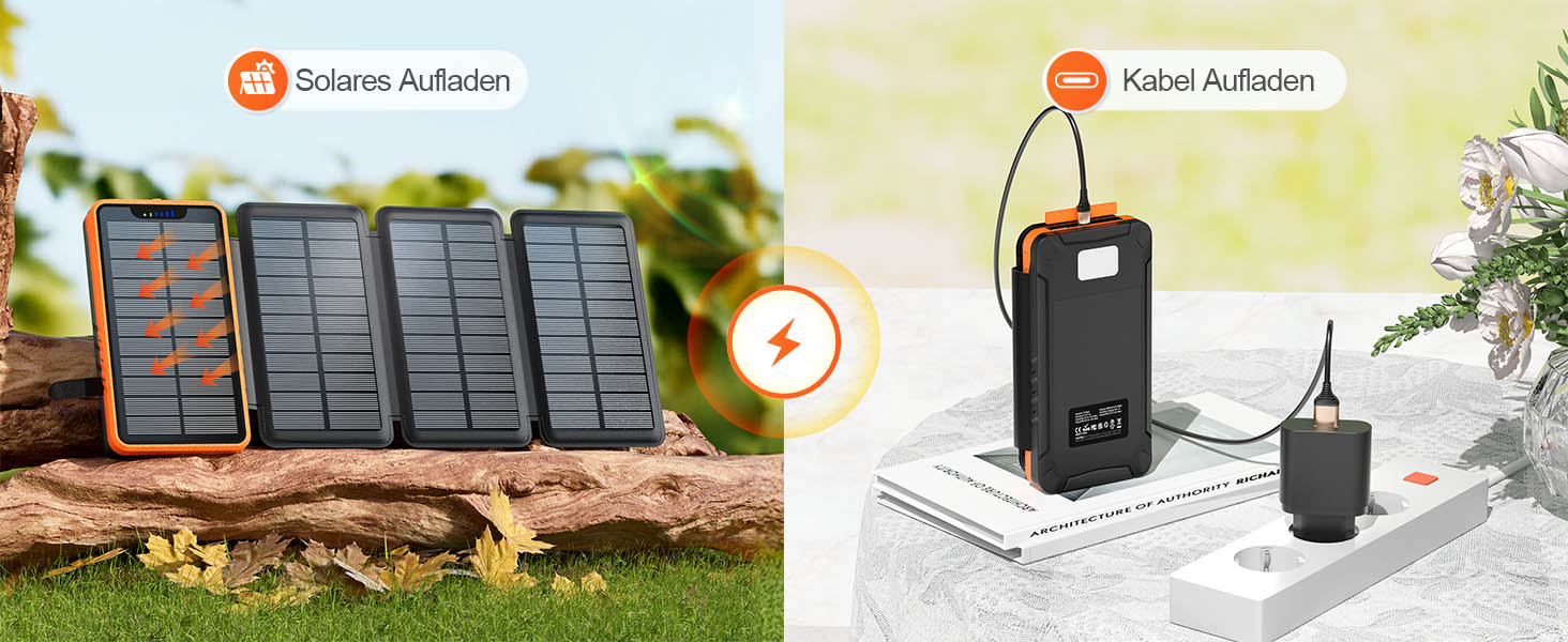 Сонячний павербанк 26800mAh elzle з 2 USB-A виходами та 1 USB-C входом, вологостійкий зовнішній акумулятор з 4 сонячними панелями та ліхтариком для смартфонів, планшетів, кемпінгу, чорний