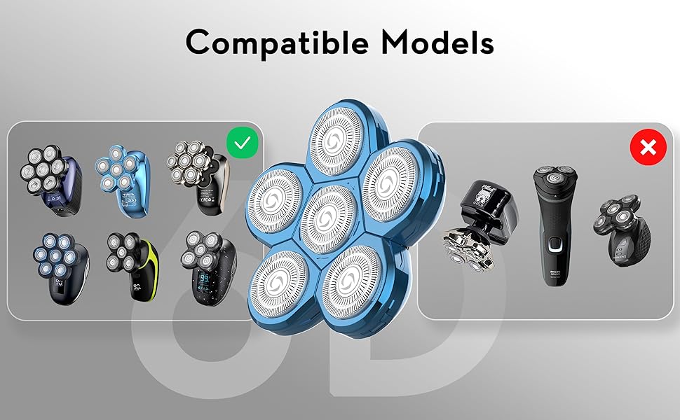 Електричний гостростример для голови чоловічий Kibiy з 6 змінними головками, водонепроникний IPX7, LED-дисплей, зарядка Type-C (6D синій)