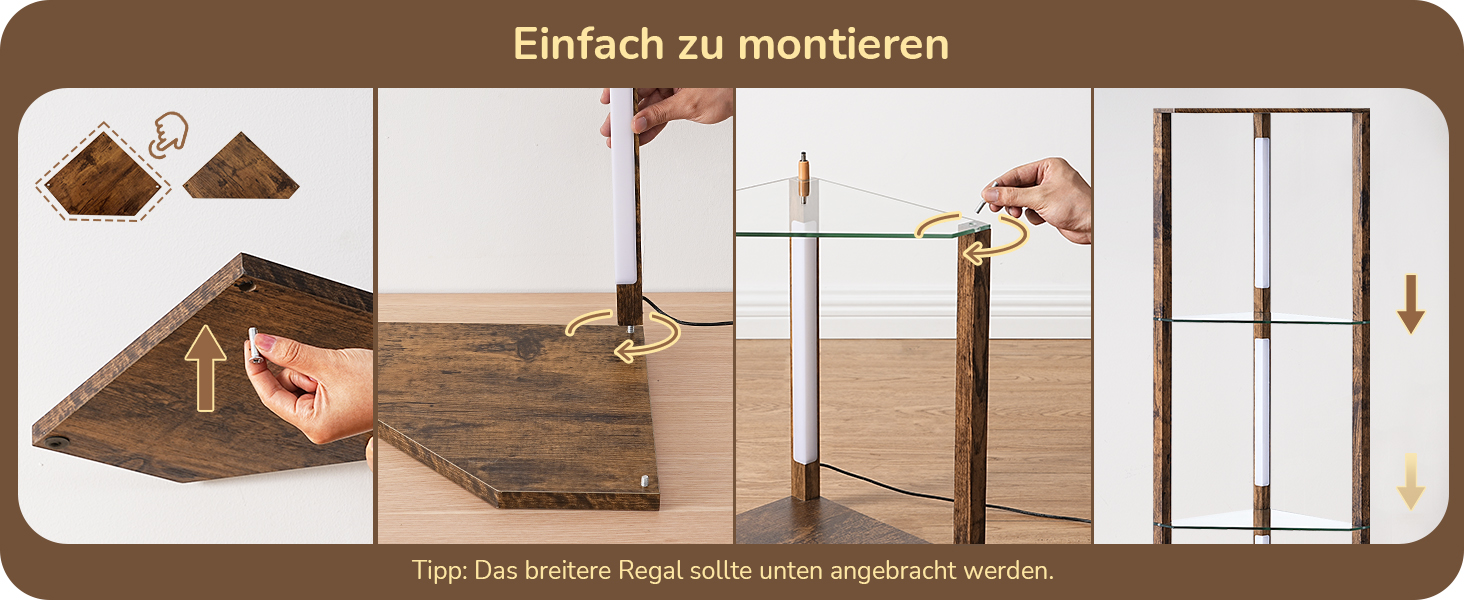 Стійка лампа EDISHINE з 4 полицями з дерева, LED диммер, 3 кольори світла, поворотний світловий маніпулятор, підсвічування полиць, регулювання яскравості, футовий вимикач, для вітальні (Вінтаж-коричневий+скло)