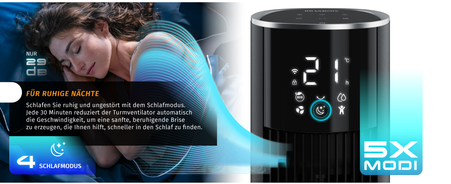Вентилятор вежа Brandson ECO GREEN з водяним охолодженням, WiFi, керуванням Alexa – мобільний кондиціонер, чорний матовий