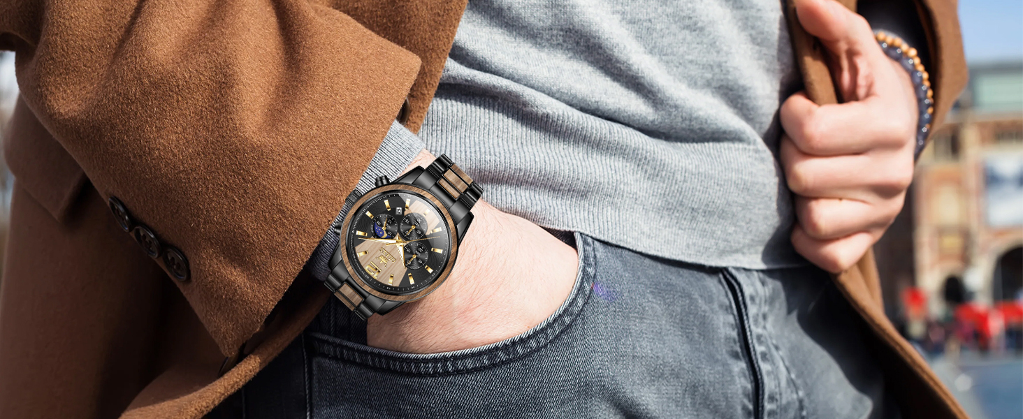 Годинник чоловічий OLEVS 3645-schwarz+braun: аналоговий кварц, дерев'яний ремінець, хронограф, водостійкий, з підсвічуванням. Преміум-якість, ідеальний подарунок.