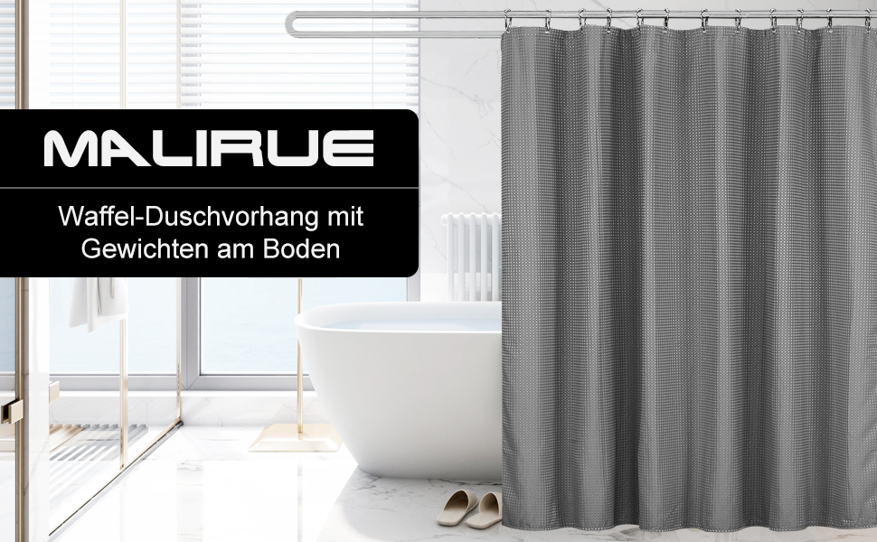Шторка для душу Waffel сірого кольору 183x198 см - текстильна, з поліестеру, з магнітною фіксацією та 12 кільцями, непрозора та водовідштовхувальна для ванної кімнати, сіра, 1 шт.