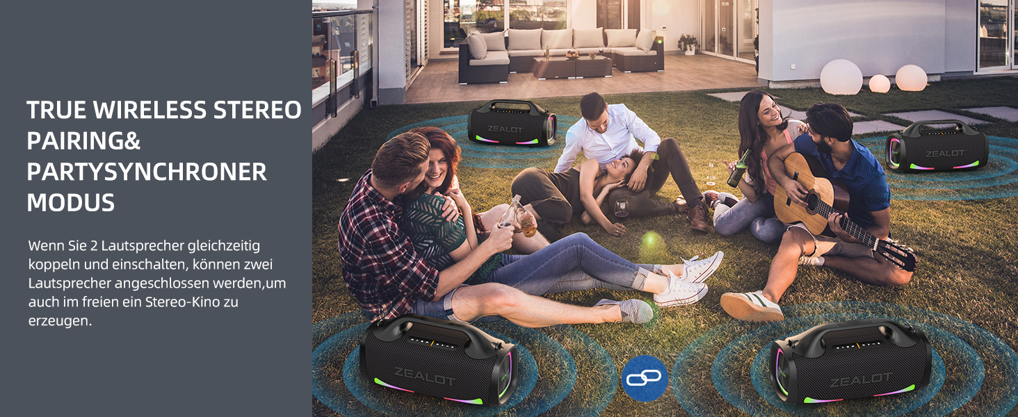 ZEALOT Bluetooth колонка 100W, XBass, Bluetooth 5.2, USB-C, 24000mAh, IPX6 водонепроникна, для кемпінгу, пляжу, басейну, саду - Чорна