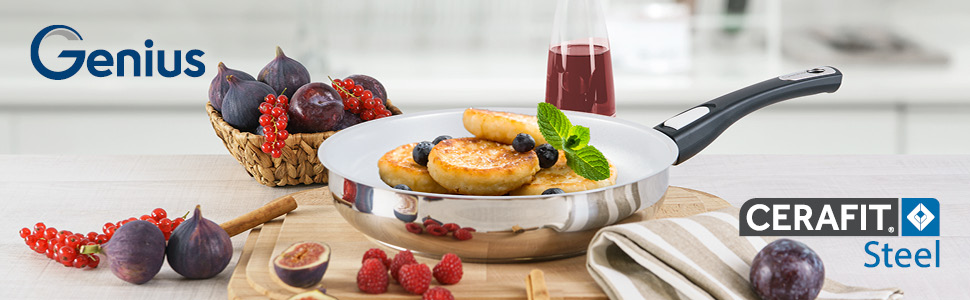 Набір сковорідок Genius Cerafit Steel: 5 штук з керамічним покриттям (20, 24, 28 см) + скляна кришка. Підходять для всіх плит, включаючи індукційні.