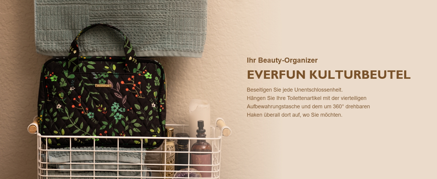 Дорожня косметичка EVERFUN для жінок, водонепроникна, з 4 відділеннями, підвісна, для макіяжу та гігієнічних засобів, компактна, чорний листяний принт, розмір M