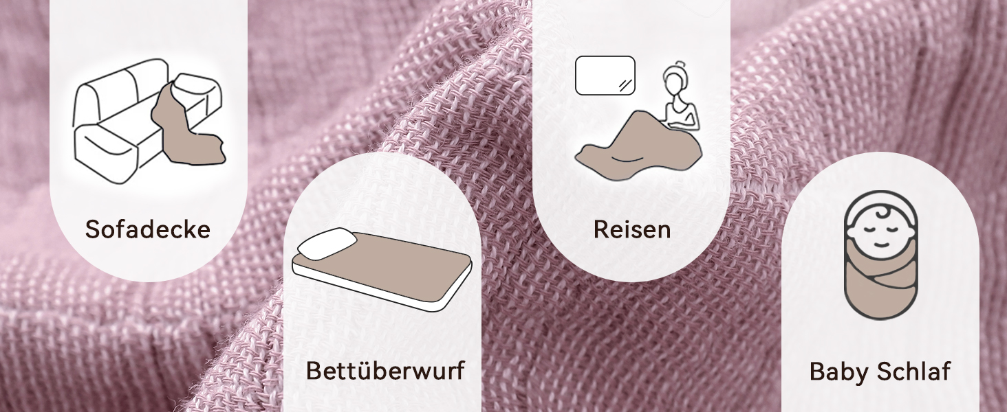 М'яка ковдра Softexly з бавовни 100%, 4-шарова муслінова ковдра, плед для ліжка, дивана, вітальні. Плед для дивана, ліжка, вітальні, 130x150 см, білий (фіолетовий)