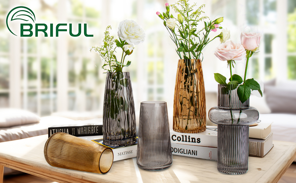 Скляна ваза Dekovase Glas з жолобками - сучасний дизайн для дому, офісу та декору весіль (20 см, Amber)