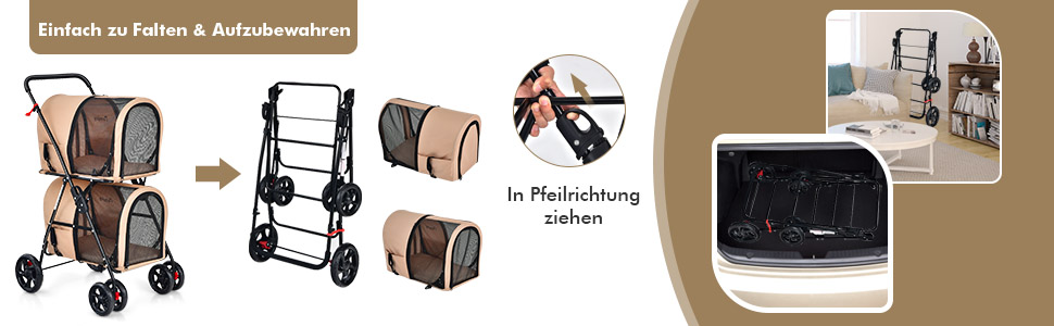 COSTWAY 2-ярусна візок для собак та котів, до 16 кг, з сітковими віконцями, тримачем для напоїв та зчіпкою, блакитний