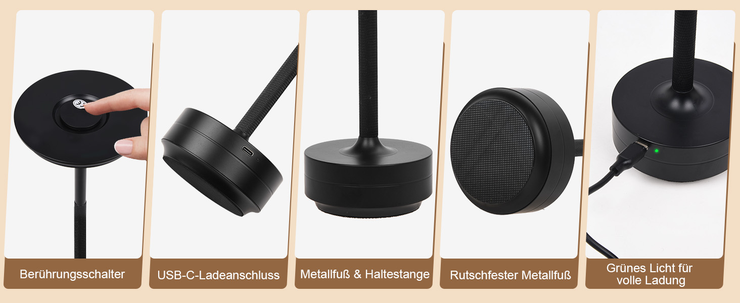 Бездротова LED-лампа Rosnek для столу з регулюванням кольору та димуванням, акумуляторна, з USB-C, стильна металева лампа (чорна)