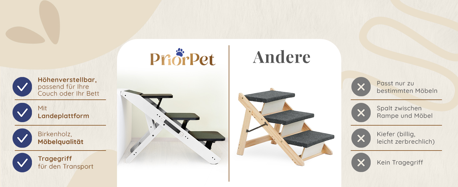 Сходинка для собак на ліжко та диван 2-в-1 - регульована пандус для собак, 18-50 см - для маленьких собак, легка у переміщенні, з платформою, натуральне дерево (білий дуб)