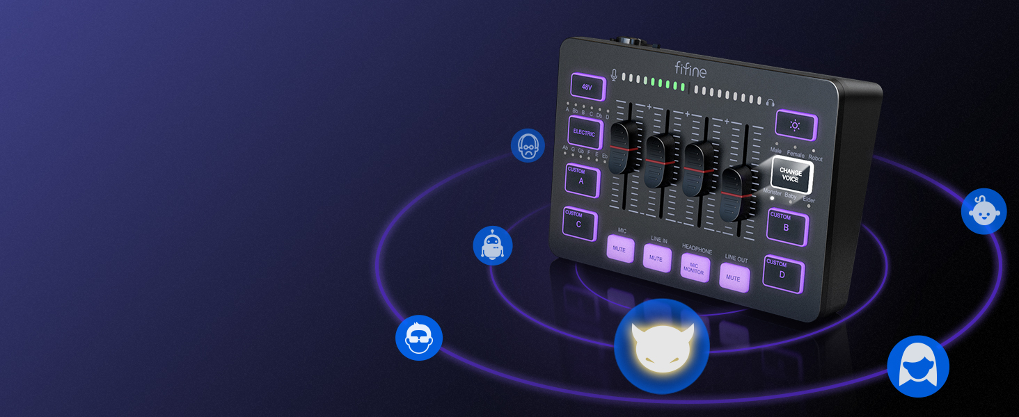 FIFINE ігровий аудіомікшер для ПК, RGB звукова карта для XLR мікрофона, аудіоінтерфейс для стрімінгу та музикантів, мікшерний пульт для геймерів і креаторів, індивідуальне керування, зміна голосу, чорний