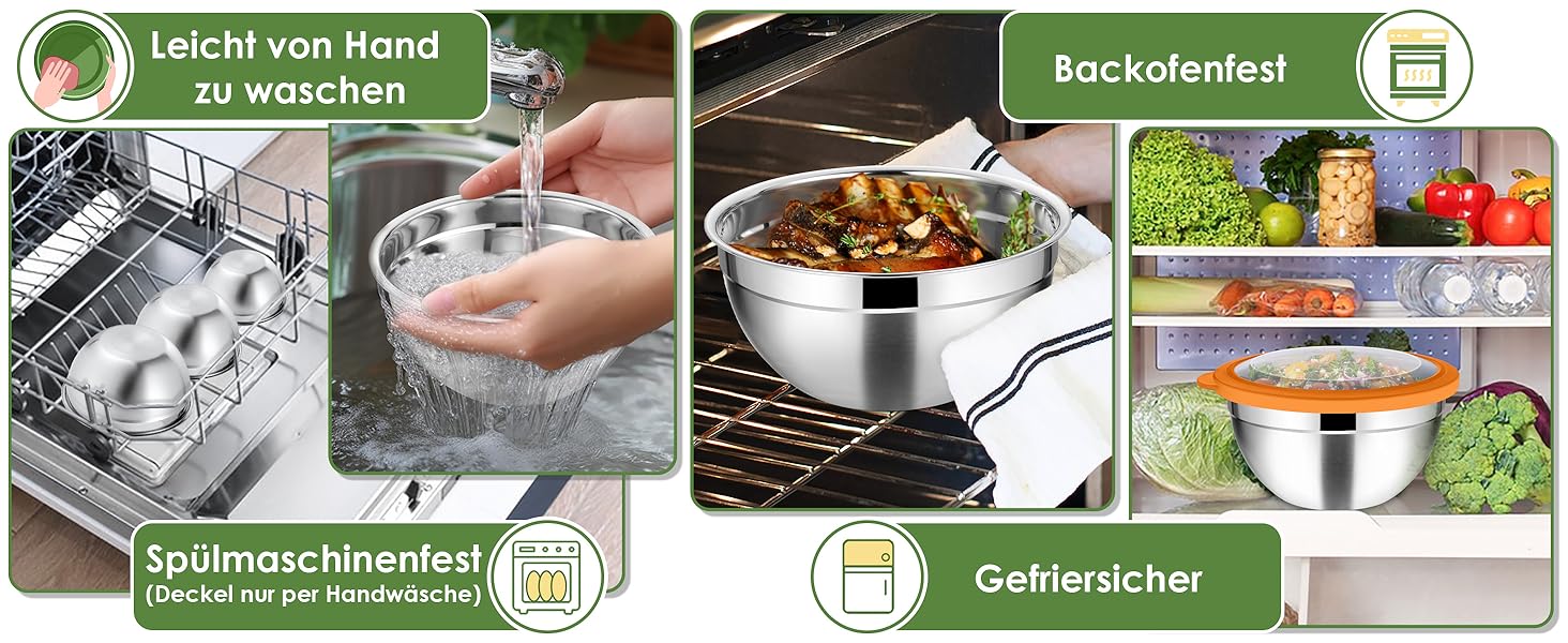 Набір мисок Joyfair 5 шт. з нержавіючої сталі з прозорими кришками, 4,5L/ 2,7L/ 1,5L/ 1,2L/ 0,7L, для приготування/сервірування/випічки, можна мити в посудомийній машині (кольорові, 5 мисок + 5 кришок)