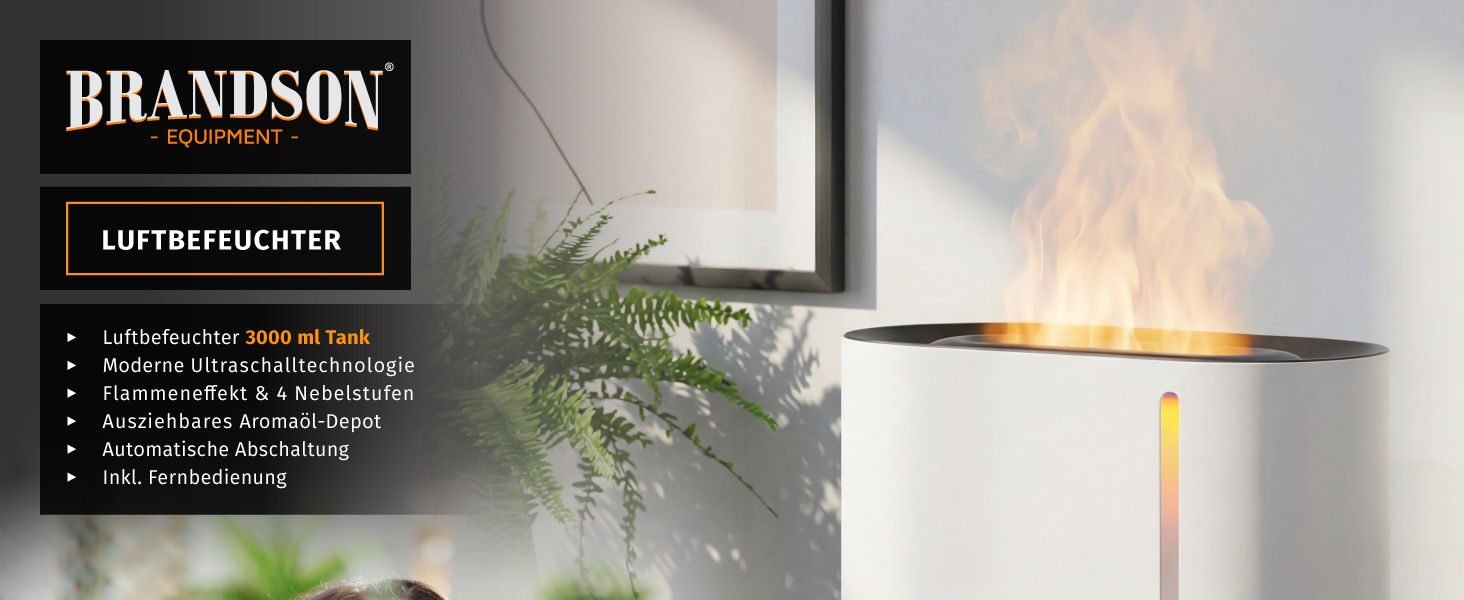 Зволожувач повітря Brandson з ефектом полум'я, керуванням від пульта, тихий, ультразвуковий, 4 режими туману, резервуар 3 літри, відсік для аромамасел, LED-підсвітка, для офісу, вітальні, спальні
