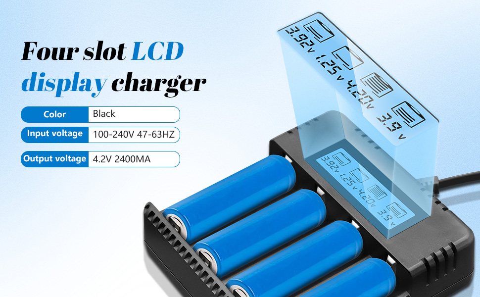 Зарядний пристрій для акумуляторів Li-Ion з LCD-дисплеєм: швидка зарядка 4 слоти, сумісний з 26650/18650/14500/16340