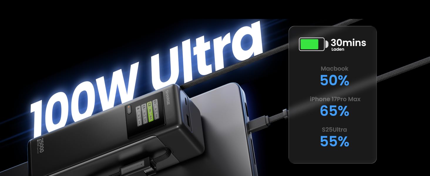 Потужний павербанк SHARGE HyperTower 170W 25000mAh з TFT-дисплеєм, 4 портами (3x USB-C, 1x USB-A) та вбудованими кабелями для MacBook Pro та ноутбуків, чорний