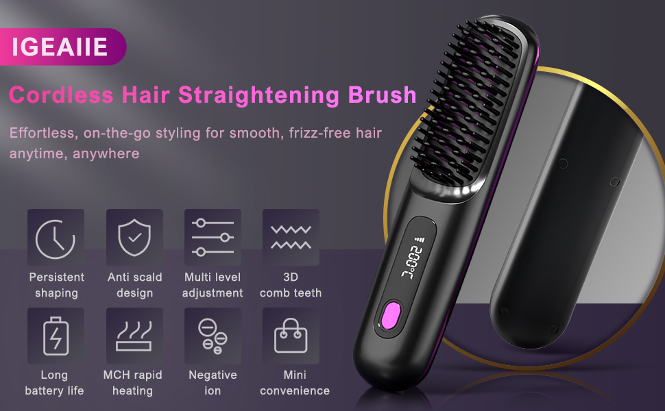Портативний випрямляч для волосся Go Brush Pro з іонізацією, USB, 3 режими, LED-дисплей, MCH кераміка, чорний