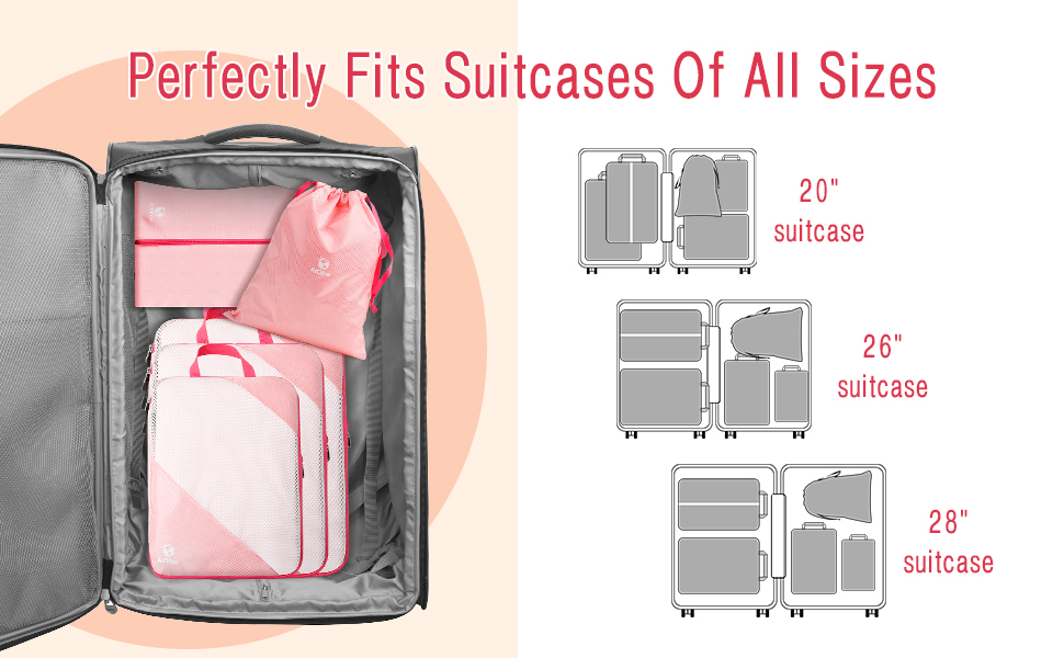 Набір органайзерів для валізи AiQInu: 5 шт. з компресією, мішки для білизни та взуття, рожевий