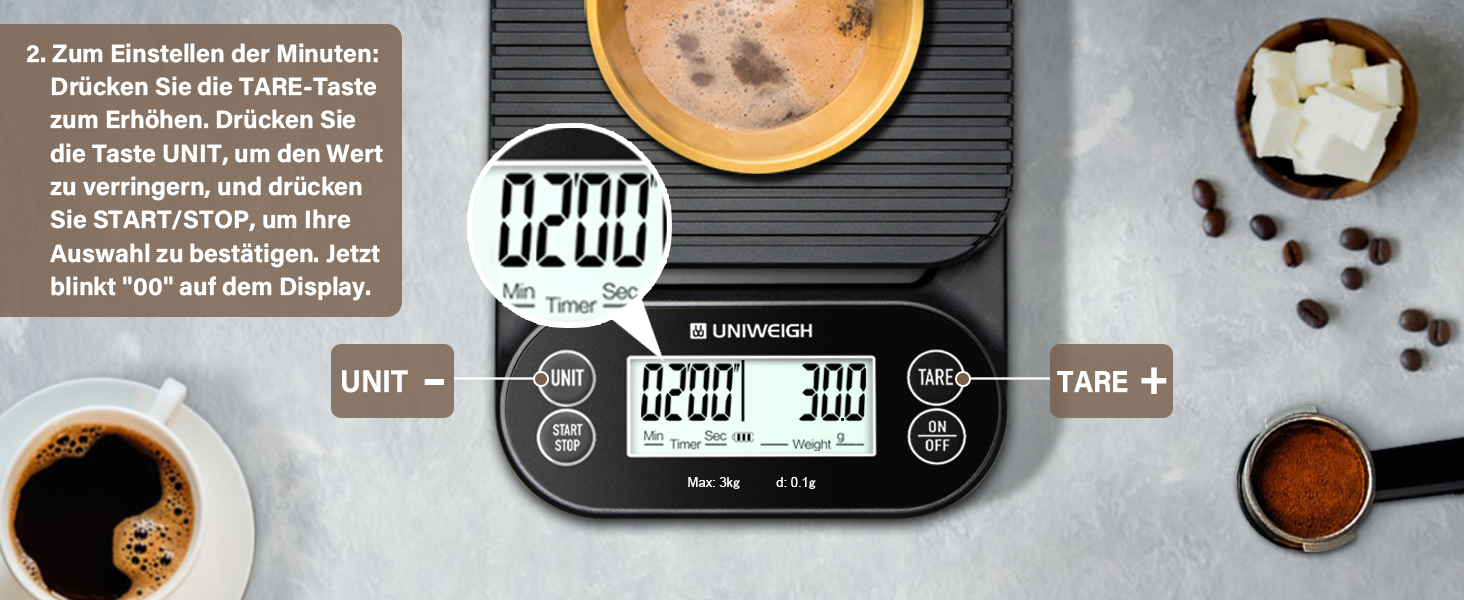 Ваги для кави UNIWEIGH з таймером 3кг/0,1г: високоточні ваги для еспресо з таймером, функцією Tara та LCD дисплеєм (батарейки в комплекті)