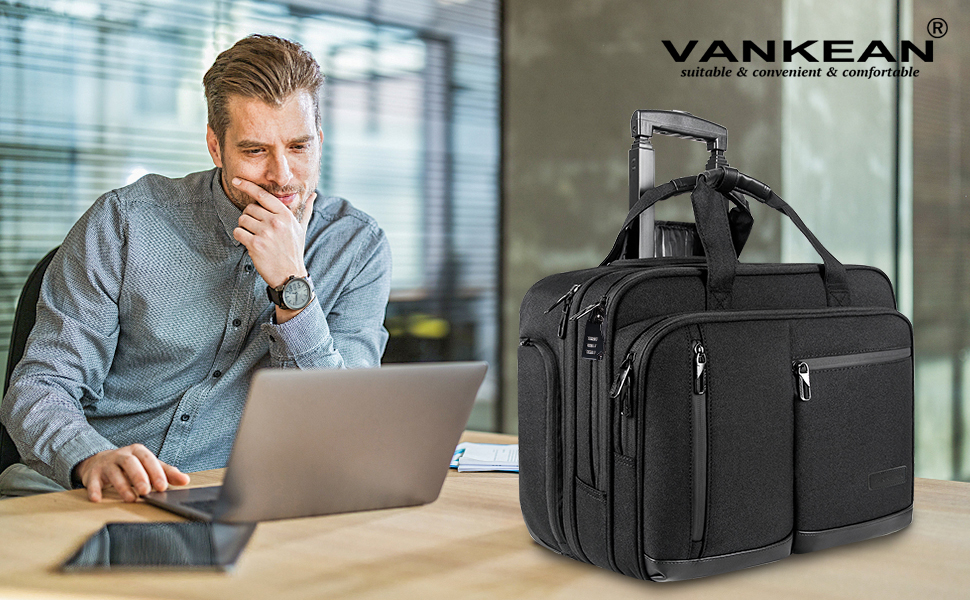 Сумка на коліщатках VANKEAN 17.3'' для ноутбука чоловіча, стильна водонепроникна ручна поклажа з RFID-захистом для подорожей, роботи, школи, чорна