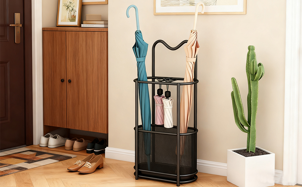 Металева підставка для парасоль та тростини SINBINTA, з гачками та піддоном, для прихожого/входу, чорна