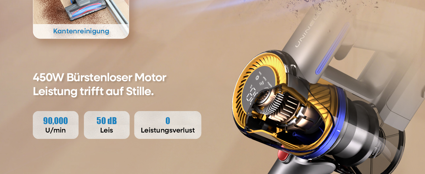 UNINELL HOME Бездротовий акумуляторний пилосос 45000Pa/450W/60Min з LED-дисплеєм, антизаплутана щітка, тихий, для килима, твердих поверхонь та шерсті тварин, блакитний