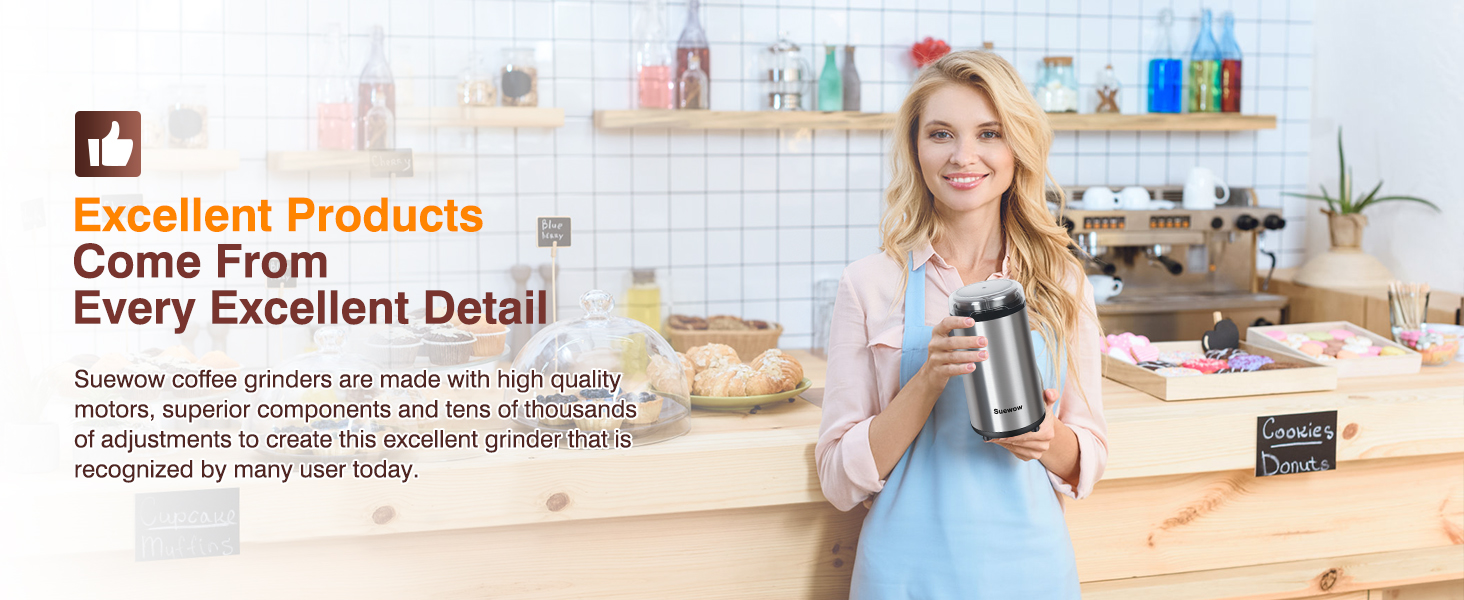 Електрична кавомолка Suewow: потужний 200W мотор, для кави, спецій, горіхів. Багатофункціональна, велика ємність (срібна)