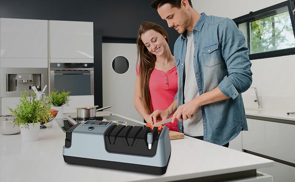 Електричний точило для ножів 5-в-1 з 3 швидкостями, для прямих та зубчастих ножів, та ножиць, сірий