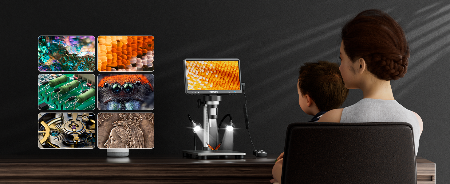 TOMLOV DM9 7' LCD цифровий мікроскоп 1200x, 1080P USB, 12MP, з підсвічуванням LED, для PC/Windows/Mac, 32GB