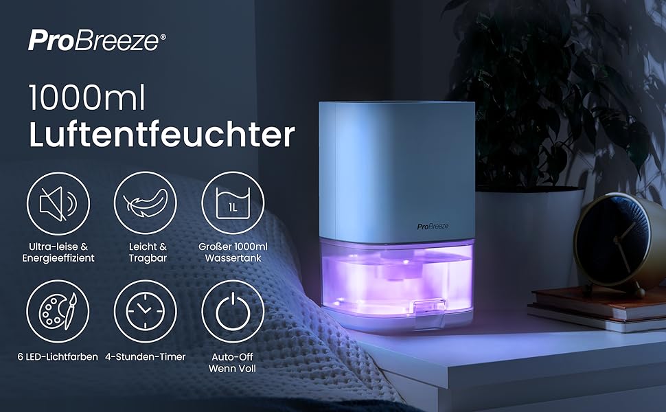 Електричний осушувач повітря Pro Breeze 1000 мл з таймером та нічним світлом - для ванної, спальні, шафи, підвалу - білий