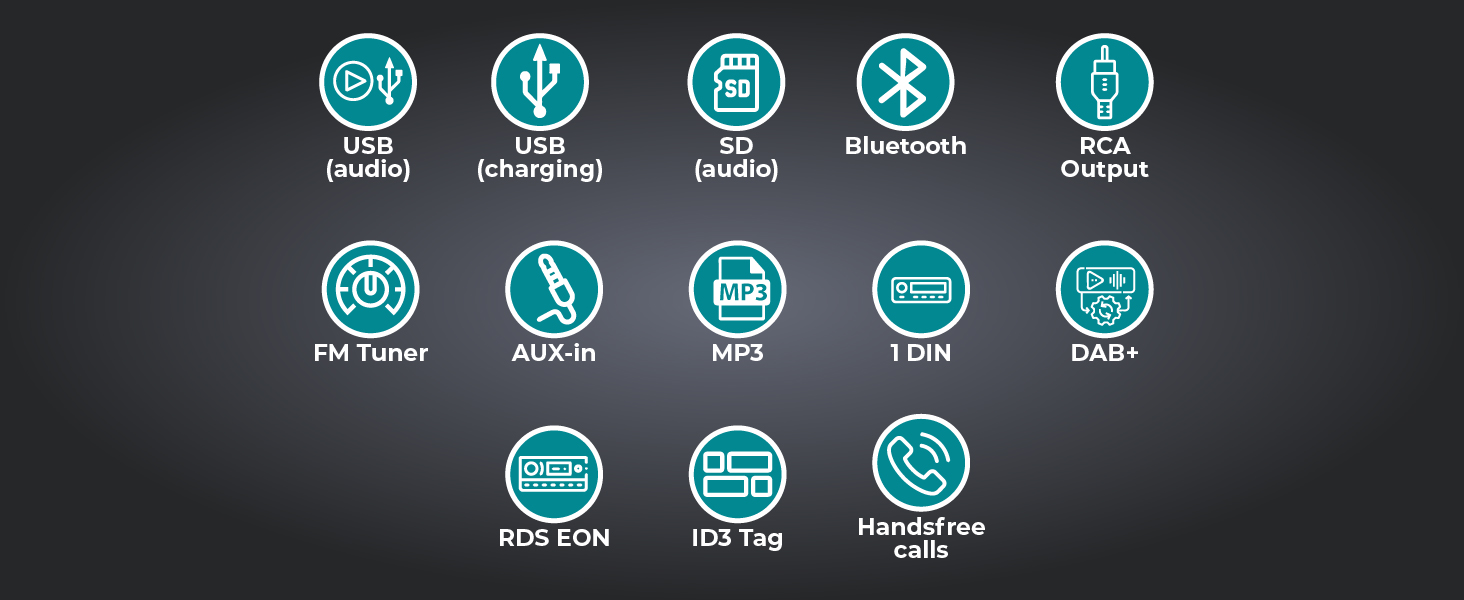 Автомагнітола Caliber 1DIN Bluetooth, DAB+/FM, 4x55Вт, USB/Micro SD, зарядка 2.1A, AUX, гучний зв'язок, RCA вихід, DAB+ антена, підтримка MP3/WMA/APE/FLAC/AAC