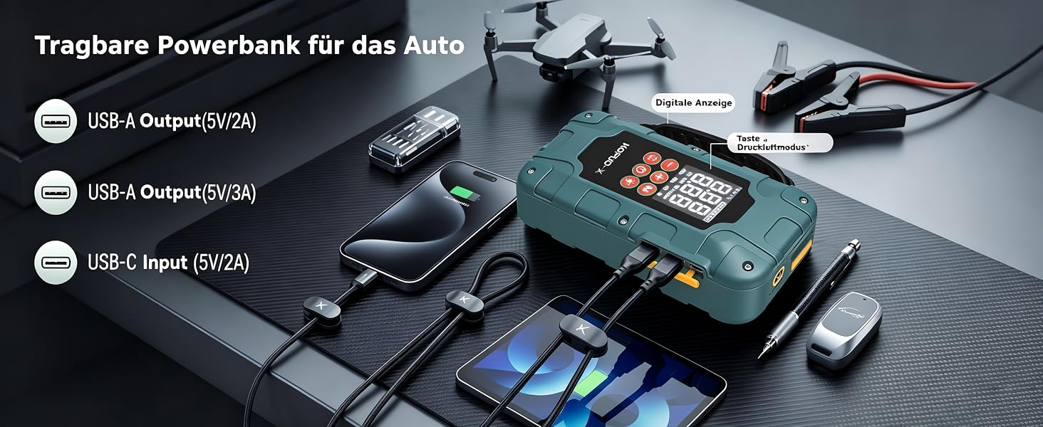 Пусковий пристрій (бустер) для авто 12V 7000A з компресором та Powerbank, колір зелений