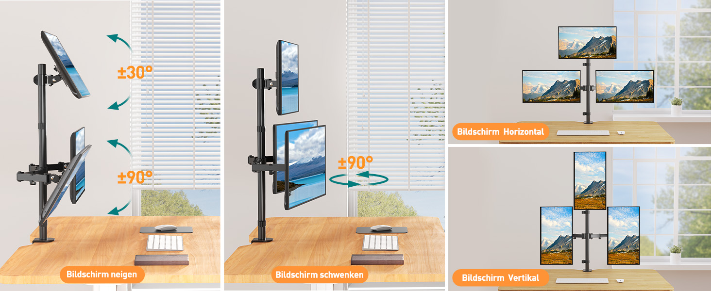 Тримач для моніторів ELIVED EV4013 на 3 монітори, 17-32 дюйми, VESA 75/100mm, регулювання висоти, 80 см