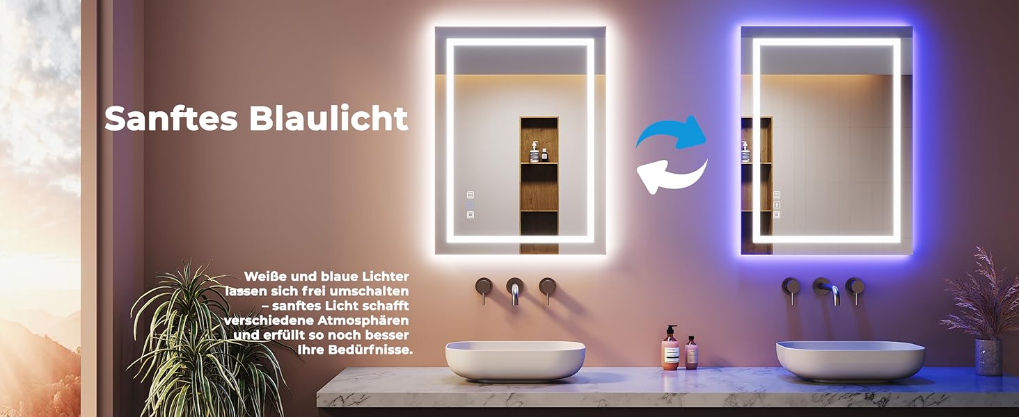 Дзеркало для ванної кімнати з підсвічуванням 60x50x3,5 см, LED, 6400K, біле світло, економія енергії, вертикальне/горизонтальне кріплення, антизапар, 3 колірні температури