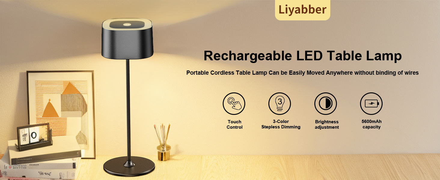 Акумуляторний LED настільний світильник з димером, 2 шт. Бездротовий сенсорний світильник USB-C, металевий, водонепроникний (IP54), 5600mAh, 5W, чорний