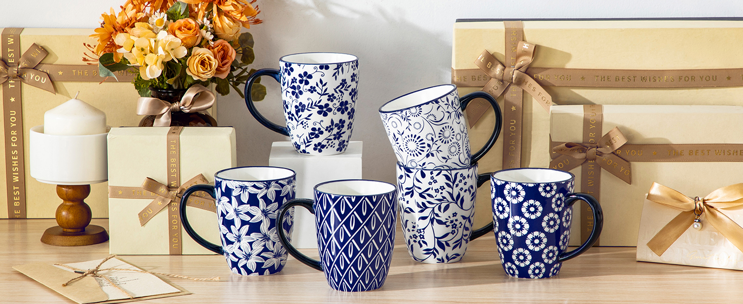 Набір кавових чашок з блюдцями Vancasso Cappuccino SELENE 6шт, 240мл, блакитно-білий вінтаж, порцеляна, для мікрохвильовки та посудомийної машини