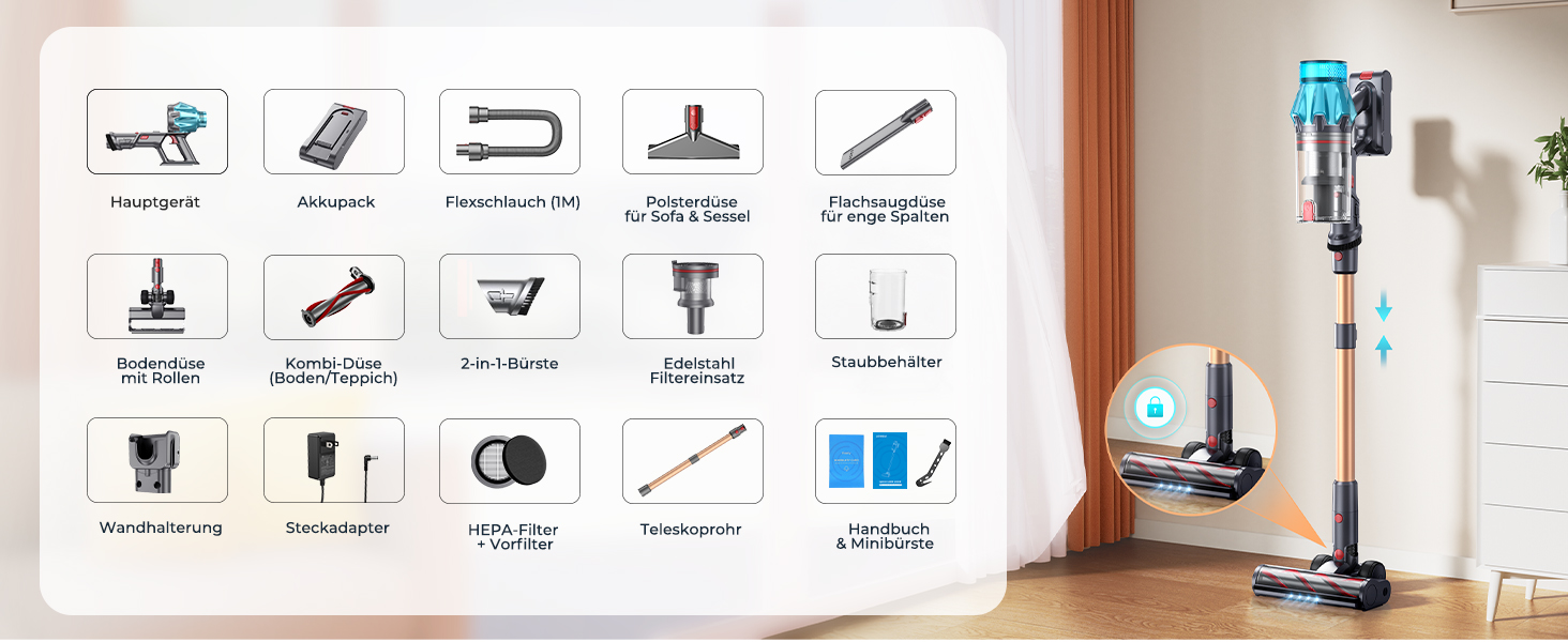 Бездротовий акумуляторний пилосос Fieety 8-в-1, 50kPa, 600W, 65 хв, 1.6л, без мішка, з антизаплутуванням волосся, насадка для диванів, станція зарядки, для шерсті тварин, килимів, твердих поверхонь, авто