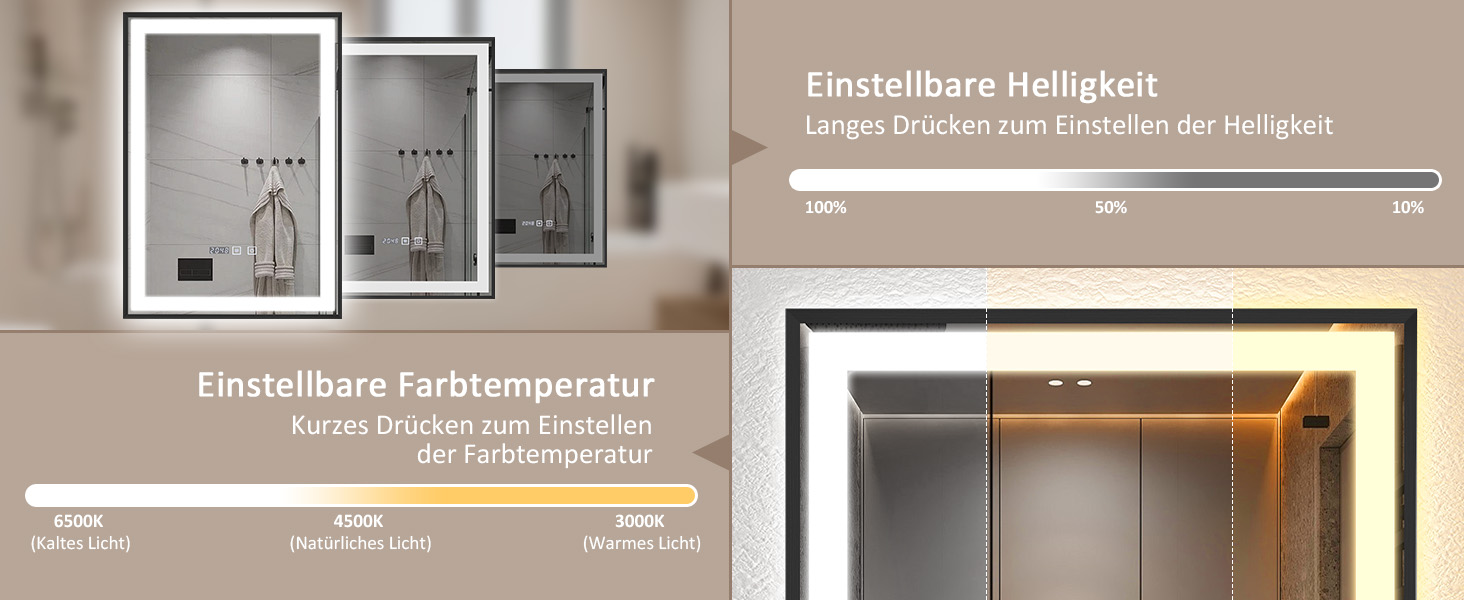 Дзеркало YOURLITE з підсвічуванням 70x50 см, LED дзеркало для ванної кімнати з годинником, сенсорне керування, 3 кольори світла, регулювання яскравості, антизапар, пам'ять, срібний (чорний-5070)