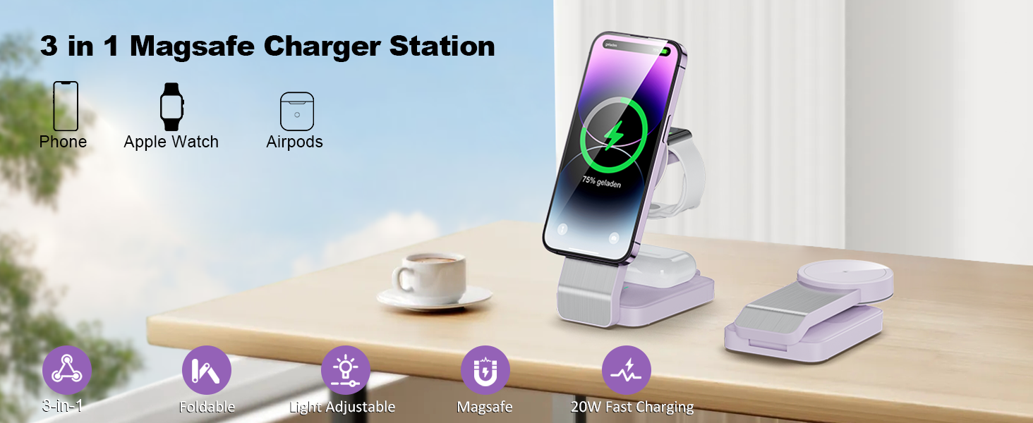 3-в-1 Станція Бездротової Зарядки для iPhone, Apple Watch та AirPods (Біла/Фіолетова)