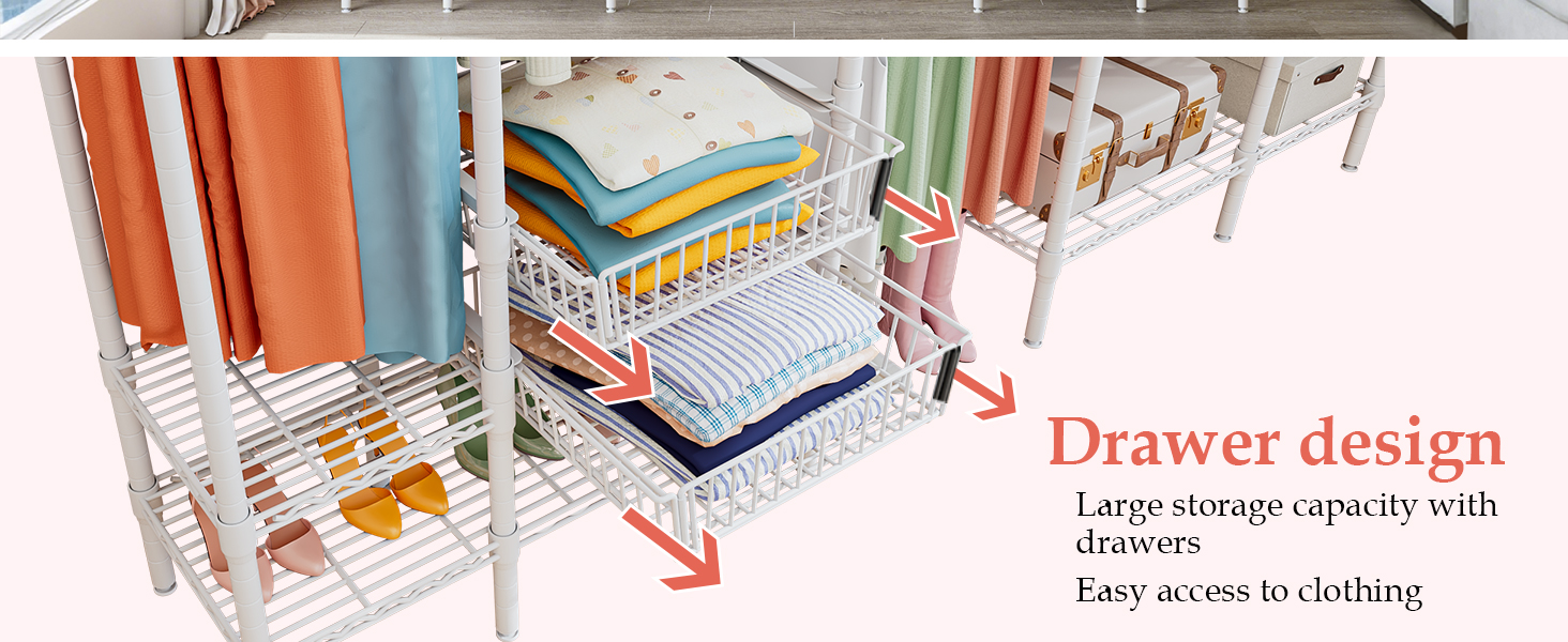 Важкий металевий вішак для одягу, розширюваний відкритий гардероб з 2 висувними кошиками, (249-297) x 40 x 192 см, білий