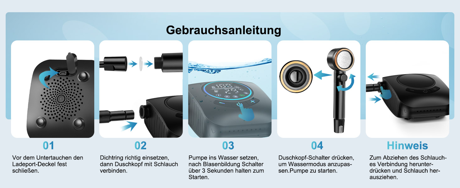 Портативна кемпінгова душ AUTOPkio з акумулятором 8000mAh, насосом та дисплеєм. IPX8, водонепроникна для відпочинку на природі, миття авто та домашнього використання. Чорний колір