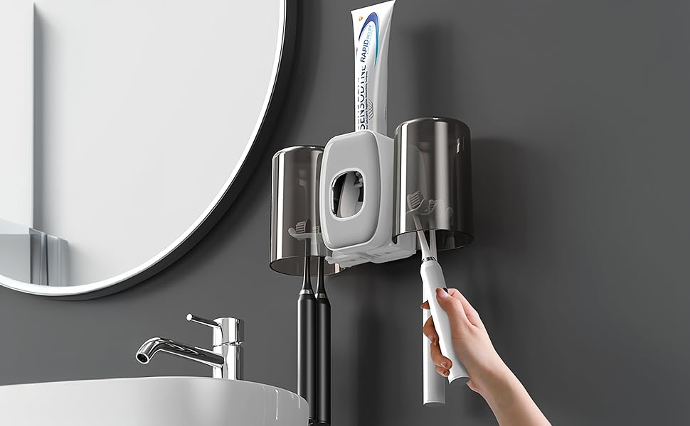 Настінний тримач для зубних щіток з автоматичним дозатором пасти, електричний для 4 щіток, 2 стаканчики, без свердління (чорний)