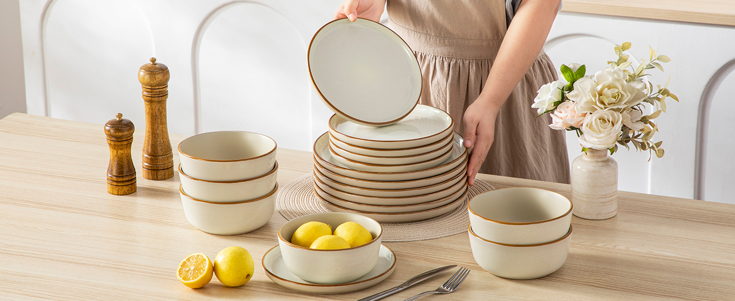 Набір посуду на 6 осіб Vancasso RENO 24 шт. з каменю, сучасний сервіз: тарілки для їжі, супу, десерту, миски. Підходить для миття в посудомийній машині та використання в мікрохвильовій печі. (Бежевий, 36 шт.)