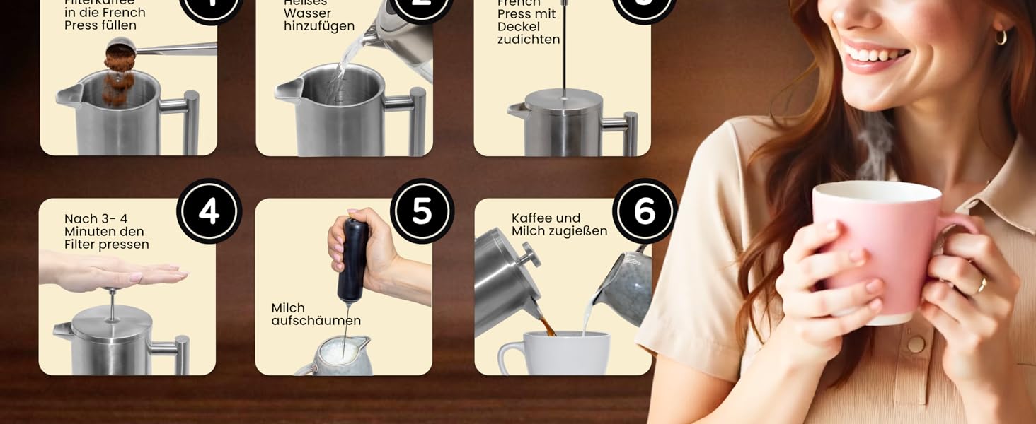 Набір для приготування кави френч-прес, 1 літр, з молочний спінювач, з нержавіючої сталі, термоізольований