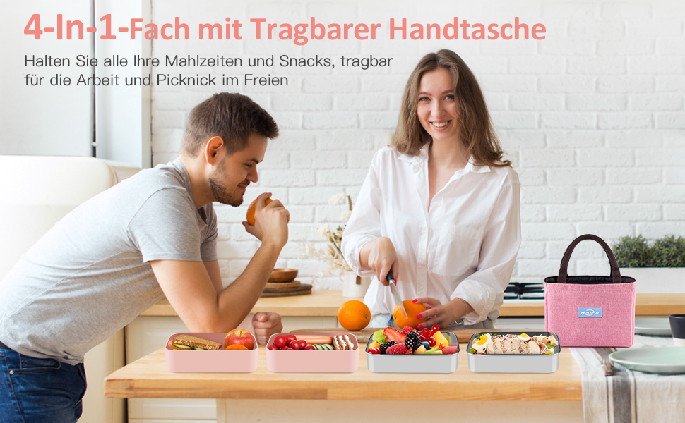 HOLIPOT Ланчбокс Bento Box з роздільниками, 2 рівні, з нержавіючої сталі та PP, з виделкою-ложкою, сумка, для дітей та дорослих (Рожевий)