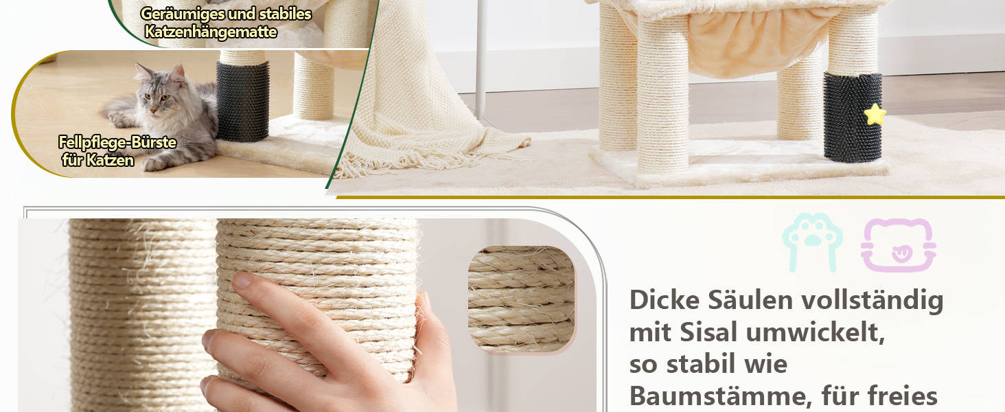 Кігтеточка XXL для мейн-куна, 168 см, з гамаком, сизаловим стовпом (φ11 см), когтеточкою, 2 платформами, будиночком, корзиною, бежева EMPJ01M
