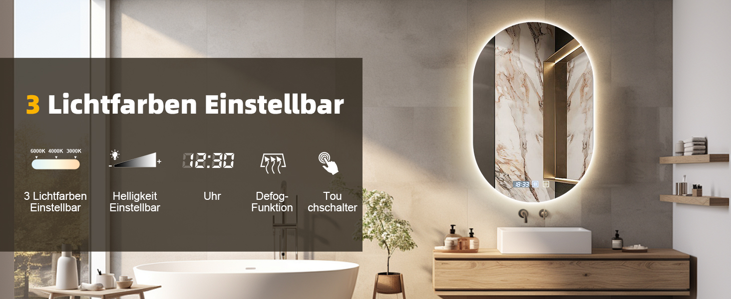 Дзеркало для ванної кімнати Viugreum з підсвічуванням 50x75 см, овальне LED дзеркало з регулюванням яскравості, 3 кольори світла, протитуманне покриття, годинник, сенсорне управління