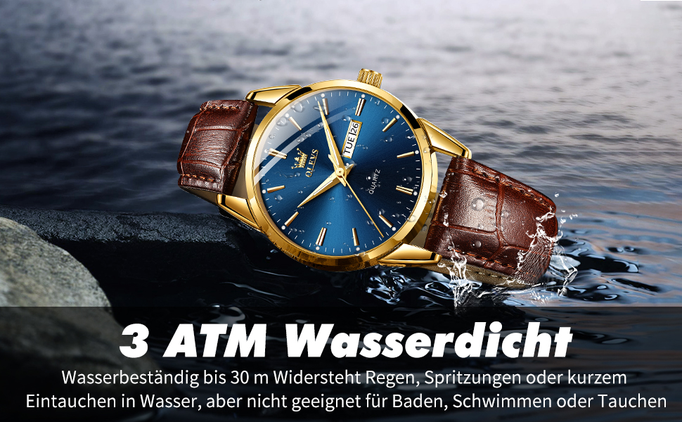 Чоловічий годинник OLEVS з нержавіючої сталі, кварцовий аналоговий годинник, класичний діловий годинник, водостійкий, з підсвічуванням, з датою, на шкіряному ремінці (C2-блакитний циферблат/коричневий ремінь)